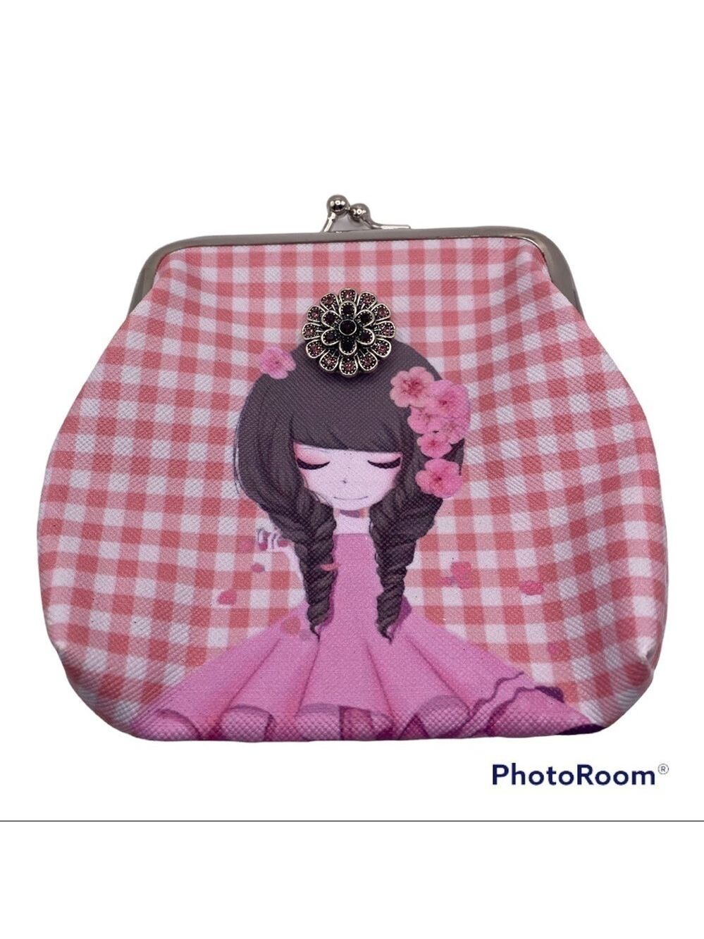Pink Plaid Snap Jewelry Change Purse w/ Sweet Brunette & Flower Snap! SEE VIDEO!